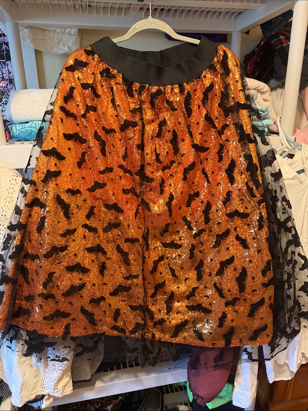 Sequin Orange & Black Bat Print Skirt
